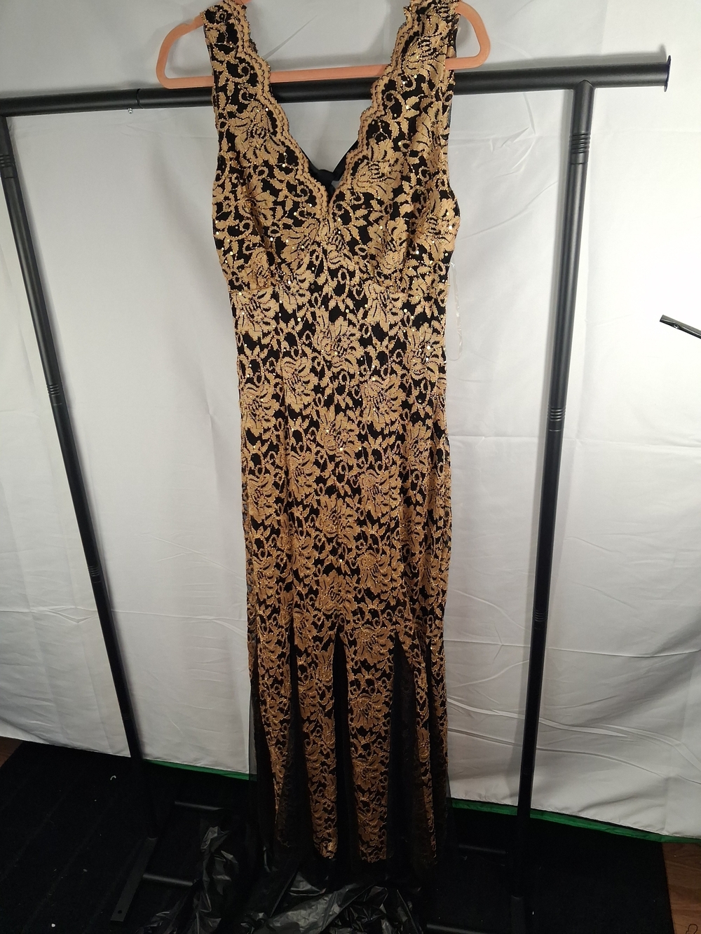 Black Maxi Dress with Gold Lace Overlay - Sleeveless V-Neck Evening Gown